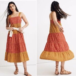 Button-Back Tiered Midi Dress in Colorblock Calico size 10